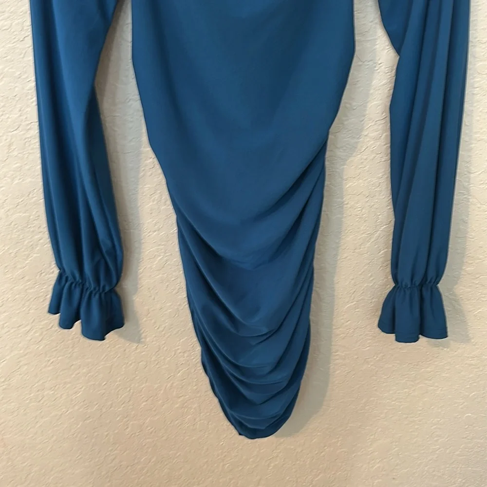 Better Be Teal Long Sleeve Ruched Dress p